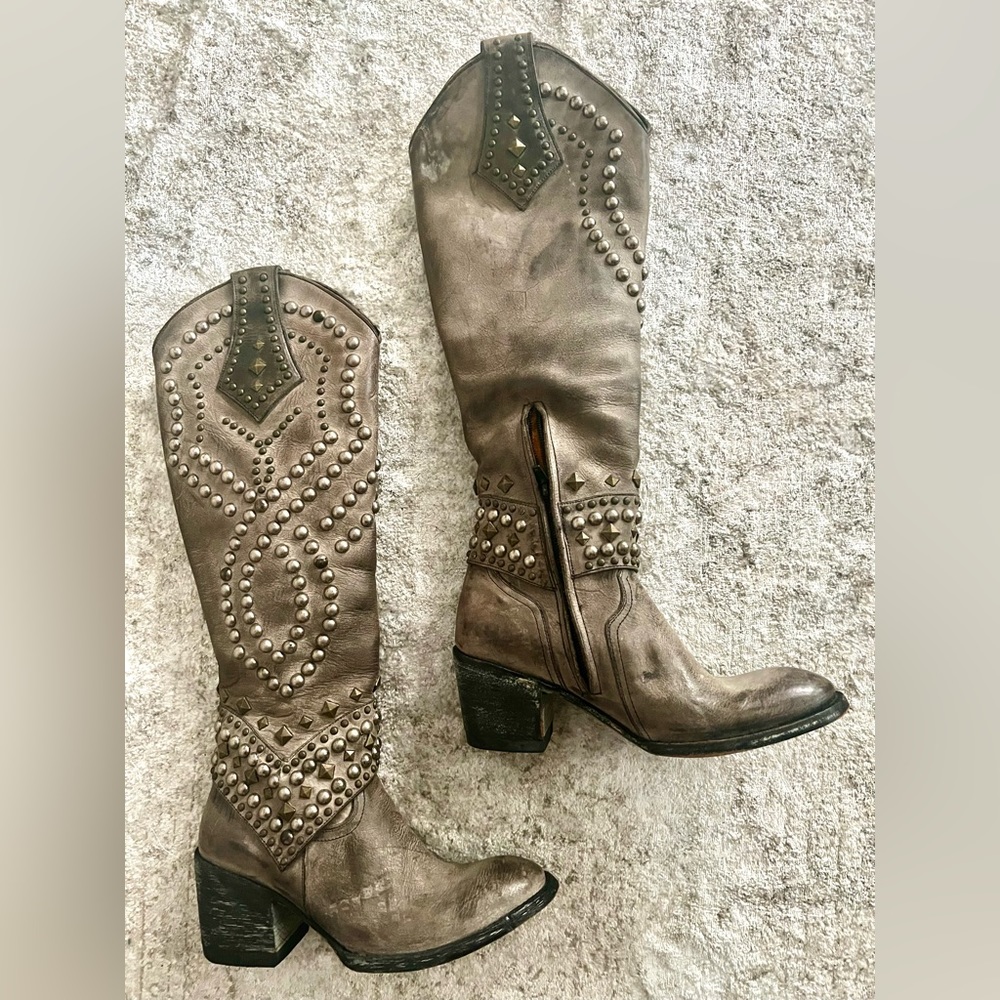 Old Gringo Belinda Boots Knee High Cowboy Gray Rustic Leather Studded Sz 5.0